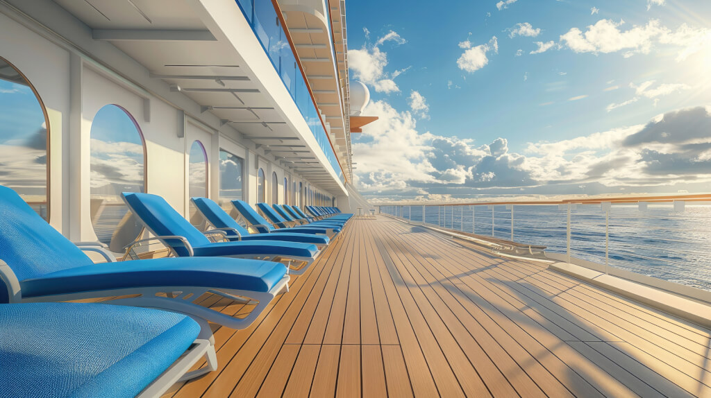 Kreuzfahrtschiff Deck bei Sonnenuntergang